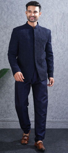Blue color Jodhpuri Suit in Viscose fabric with Embroidered, Thread work
