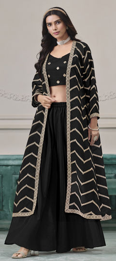 Black and Grey color Salwar Kameez in Chinon Silk fabric with Embroidered, Thread, Zari work