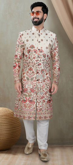 Beige and Brown, Red and Maroon color Sherwani in Silk fabric with Embroidered, Thread work
