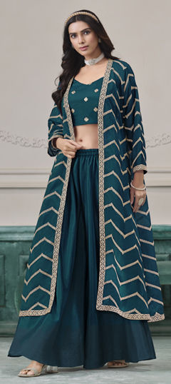 Green color Salwar Kameez in Chinon Silk fabric with Embroidered, Thread, Zari work