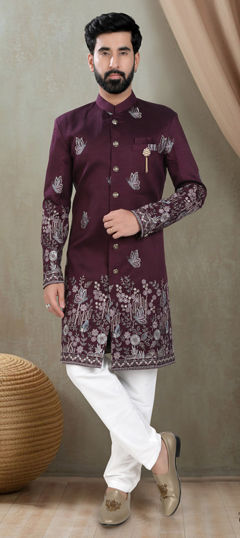 Purple and Violet color IndoWestern Dress in Silk fabric with Embroidered, Sequence, Thread work