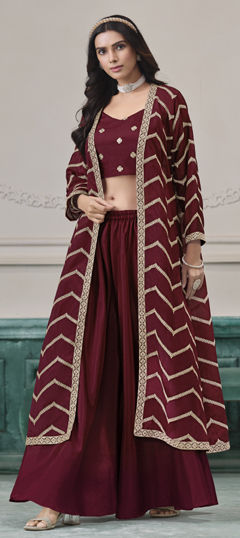 Red and Maroon color Salwar Kameez in Chinon Silk fabric with Embroidered, Thread, Zari work