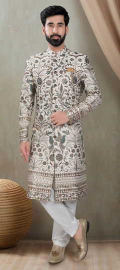 Beige and Brown color Sherwani in Silk fabric with Embroidered, Sequence, Thread work