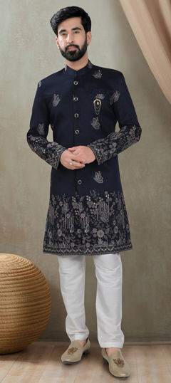 Blue color IndoWestern Dress in Silk fabric with Embroidered, Sequence, Thread work