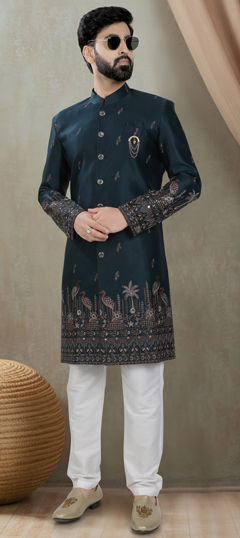 Blue color IndoWestern Dress in Silk fabric with Embroidered, Sequence, Thread work