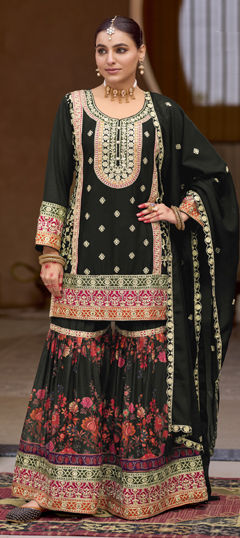 Black and Grey color Salwar Kameez in Chinon Silk fabric with Embroidered, Sequence, Thread, Zari work