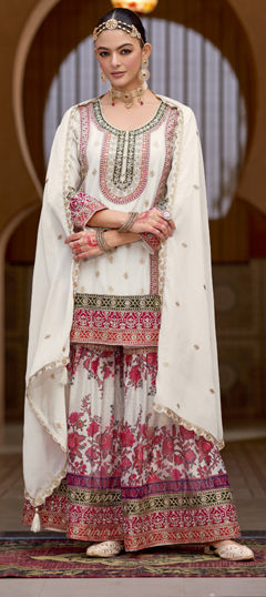 White and Off White color Salwar Kameez in Chinon Silk fabric with Embroidered, Mirror, Sequence, Thread, Zari work