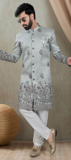 Green color IndoWestern Dress in Silk fabric with Embroidered, Sequence, Thread work