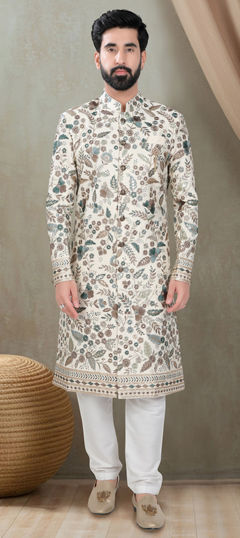 Beige and Brown color Sherwani in Silk fabric with Embroidered, Sequence, Thread work