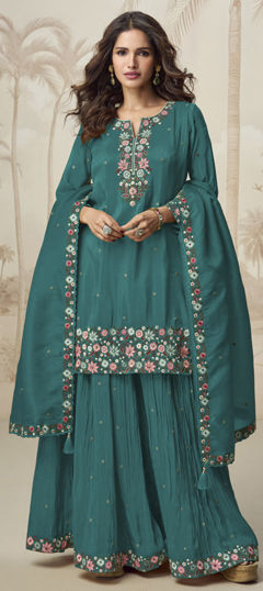 Blue color Salwar Kameez in Shimmer fabric with Embroidered, Resham, Thread, Zircon work
