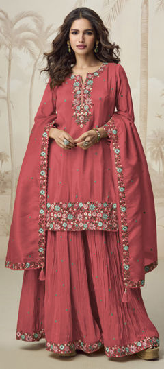 Red and Maroon color Salwar Kameez in Shimmer fabric with Embroidered, Resham, Thread, Zircon work