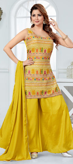 Yellow color Salwar Kameez in Georgette fabric with Embroidered, Resham, Sequence, Thread, Zari work