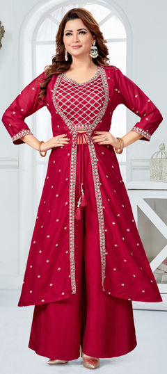 Red and Maroon color Salwar Kameez in Silk fabric with Embroidered, Sequence, Thread, Zari work
