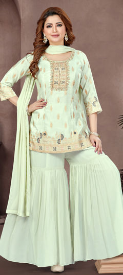 White and Off White color Salwar Kameez in Silk fabric with Bugle Beads, Sequence, Thread, Weaving work