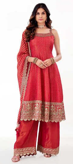 Red and Maroon color Salwar Kameez in Silk fabric with Bandhej, Embroidered, Printed, Sequence, Zari work