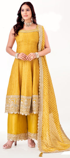 Yellow color Salwar Kameez in Silk fabric with Bandhej, Embroidered, Printed, Sequence, Zari work