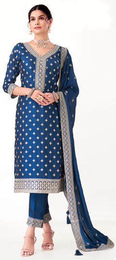 Blue color Salwar Kameez in Silk fabric with Embroidered, Thread, Zari work