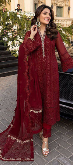 Red and Maroon color Salwar Kameez in Faux Georgette fabric with Embroidered, Resham, Thread, Zari work
