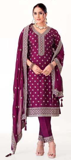 Pink and Majenta color Salwar Kameez in Silk fabric with Embroidered, Thread, Zari work