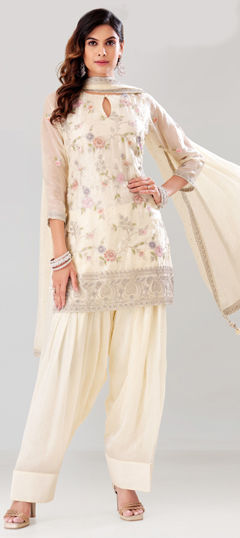 White and Off White color Salwar Kameez in Georgette fabric with Embroidered, Resham, Stone, Thread work