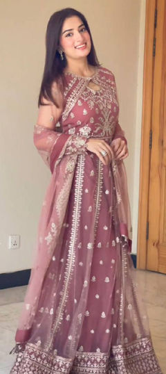 Red and Maroon color Salwar Kameez in Faux Georgette, Net fabric with Embroidered, Sequence, Thread, Zari work