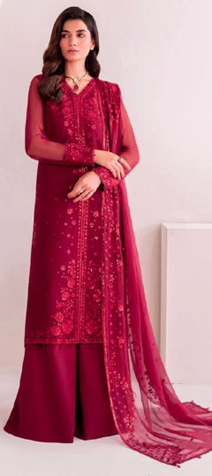 Red and Maroon color Salwar Kameez in Faux Georgette fabric with Embroidered, Sequence, Thread work
