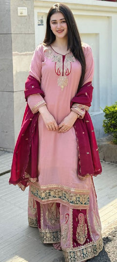 Beige and Brown color Salwar Kameez in Chinon Silk fabric with Embroidered, Resham, Thread work