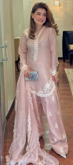 Beige and Brown color Salwar Kameez in Crepe Silk fabric with Embroidered, Resham, Thread work