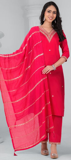 Red and Maroon color Salwar Kameez in Rayon fabric with Embroidered work