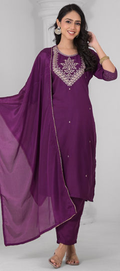 Purple and Violet color Salwar Kameez in Rayon fabric with Embroidered work