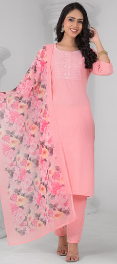 Pink and Majenta color Salwar Kameez in Rayon fabric with Embroidered work