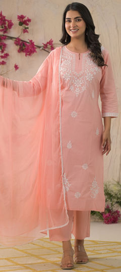 Pink and Majenta color Salwar Kameez in Cotton fabric with Embroidered work