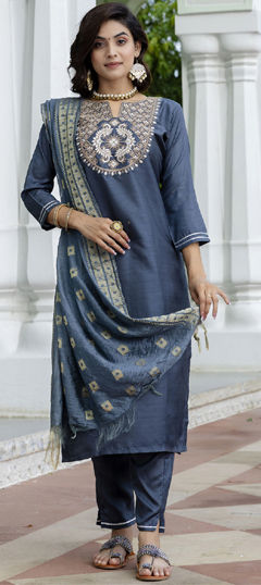 Black and Grey color Salwar Kameez in Silk cotton fabric with Embroidered, Resham, Thread, Zari work