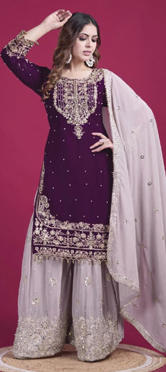 Purple and Violet color Salwar Kameez in Faux Georgette fabric with Embroidered, Moti, Sequence, Thread work