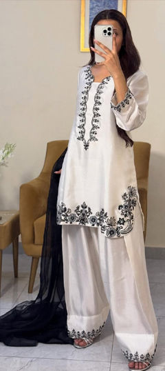 White and Off White color Salwar Kameez in Crepe Silk fabric with Embroidered, Moti, Sequence, Thread work