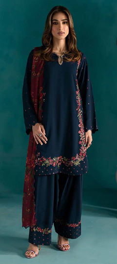 Blue color Salwar Kameez in Crepe Silk fabric with Embroidered, Moti, Sequence, Thread work