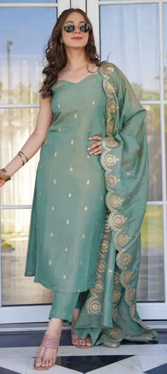Green color Salwar Kameez in Viscose fabric with Embroidered, Moti, Sequence, Thread work