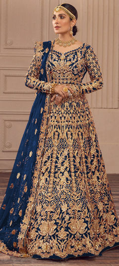 Blue color Salwar Kameez in Net fabric with Embroidered, Sequence, Thread, Zari work