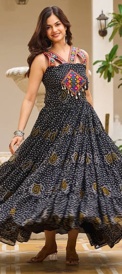 Black and Grey color Gown in Georgette fabric with Bandhej, Printed work