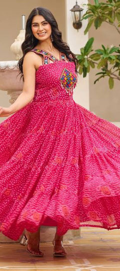 Pink and Majenta color Gown in Georgette fabric with Bandhej, Printed work