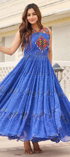 Blue color Gown in Georgette fabric with Bandhej, Printed work