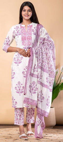 Purple and Violet, White and Off White color Salwar Kameez in Cotton fabric with Bugle Beads, Printed work