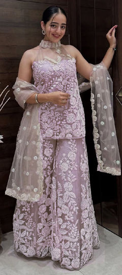 Purple and Violet color Salwar Kameez in Net fabric with Embroidered, Resham, Sequence, Thread work