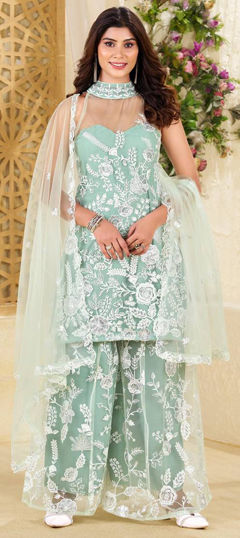 Green color Salwar Kameez in Net fabric with Embroidered, Resham, Sequence, Thread work