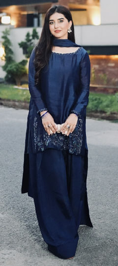Blue color Salwar Kameez in Crepe Silk fabric with Resham, Sequence work