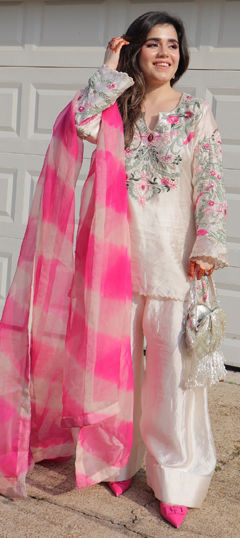 White and Off White color Salwar Kameez in Crepe Silk fabric with Embroidered, Moti, Resham work