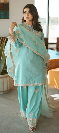 Blue color Salwar Kameez in Chinon Silk fabric with Embroidered, Sequence, Thread, Zari work