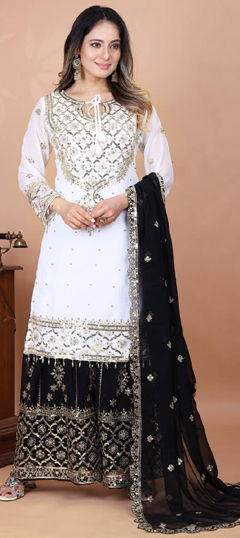 Black and Grey, White and Off White color Salwar Kameez in Faux Georgette fabric with Embroidered, Sequence, Thread work