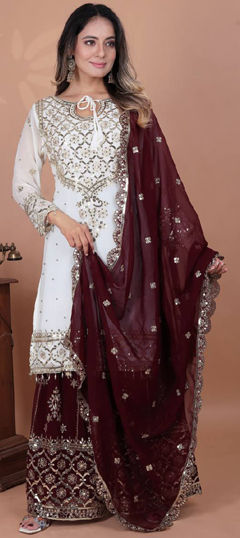 Red and Maroon, White and Off White color Salwar Kameez in Faux Georgette fabric with Embroidered, Sequence, Thread work