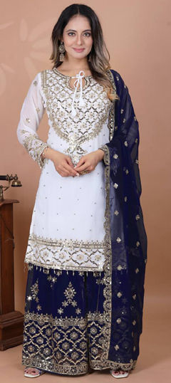 Blue, White and Off White color Salwar Kameez in Faux Georgette fabric with Embroidered, Sequence, Thread work